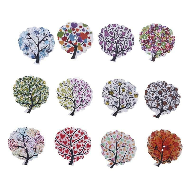 25 Pcs Painted Tree Cartoon Wooden Sewing Buttons Bulk Assorted Cute Pattern