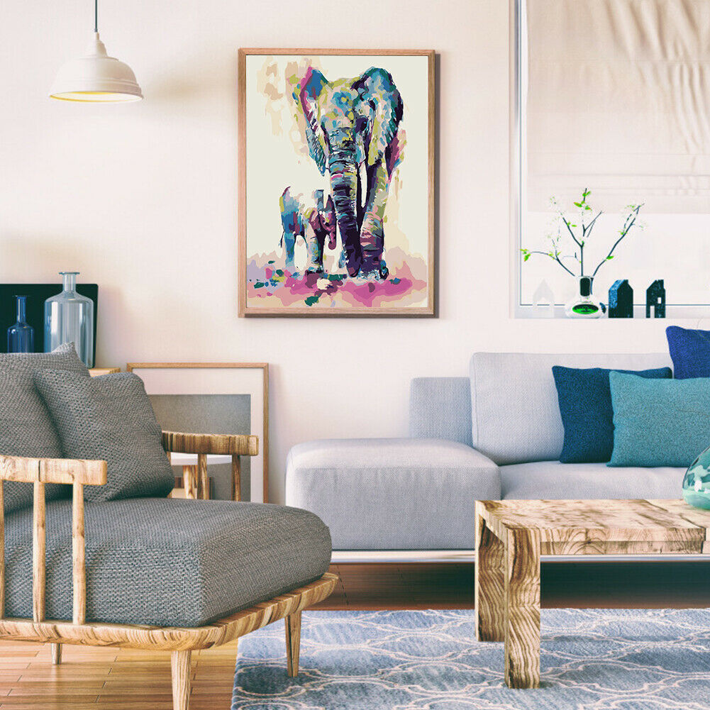Colorful Elephant DIY Oil Painting By Numbers Hand Painted Wall Art Picture @