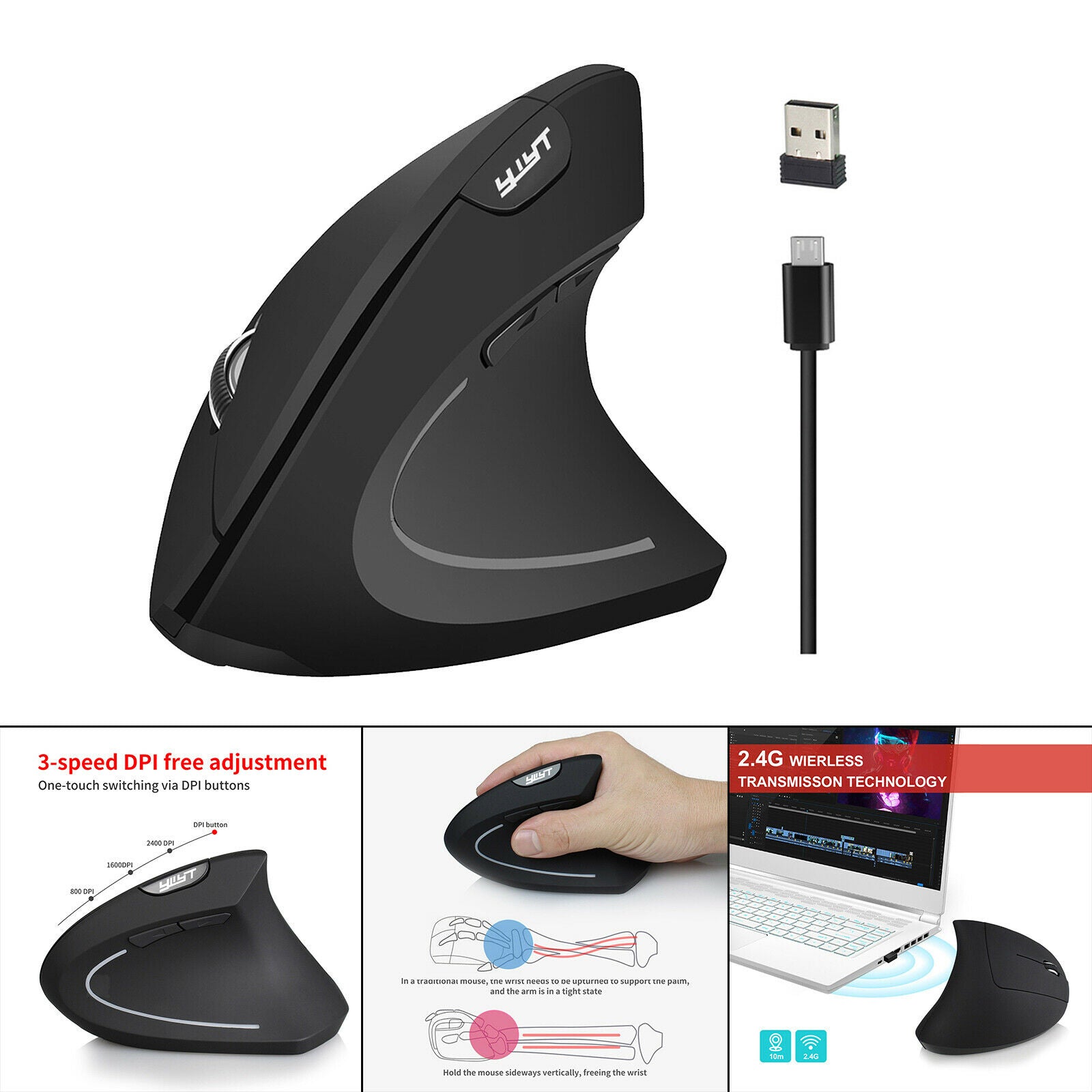 Wireless Vertical Mouse USB Mice Ergonomic Game Mouse for Office Home Black