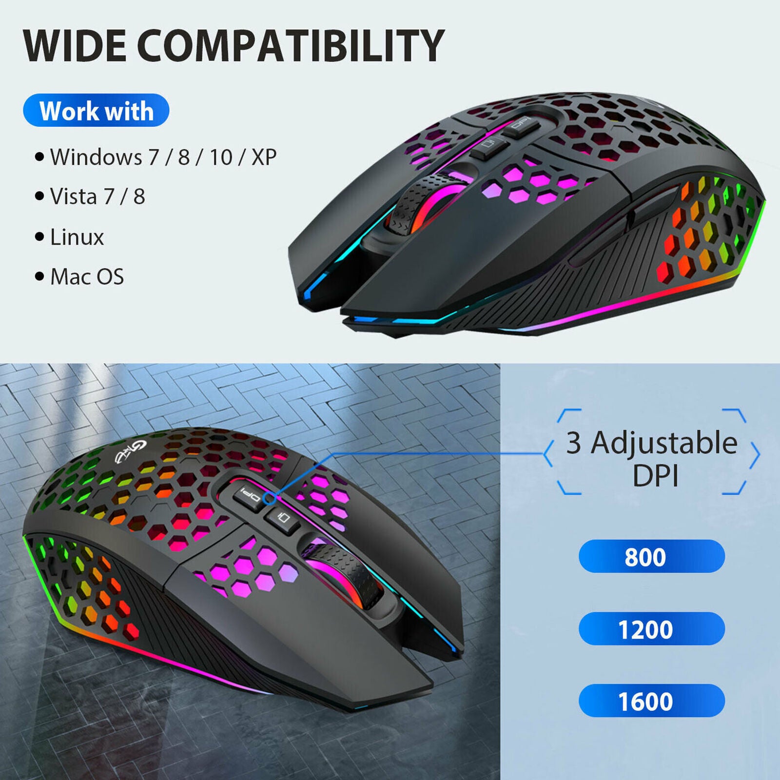 Wireless USB Gaming Mouse LED Backlit Optical Mice Rechargeable for PC Laptop