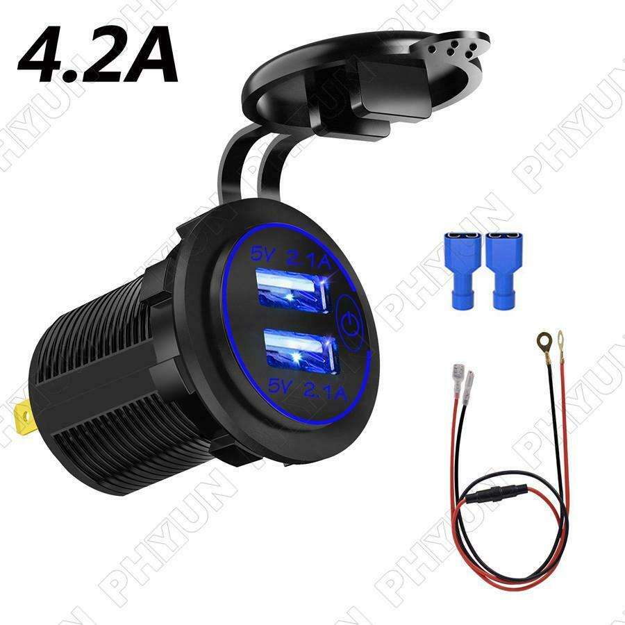 12V-24V 4.2A Car Dual USB Fast Charger w/ Wire & Terminal Motorcycle Universal