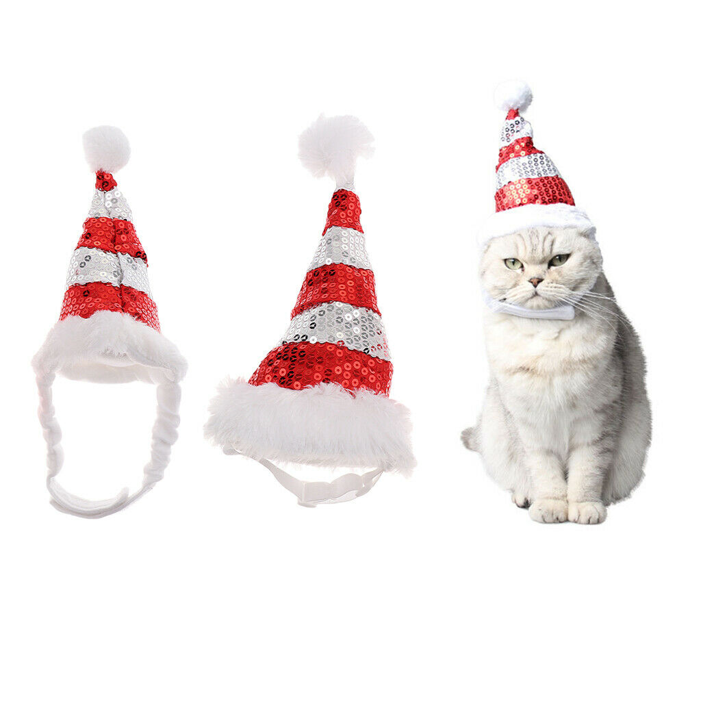 Shiny Red White Striped Cat Kitten Puppy Christmas Santa Hat for Small Dog S