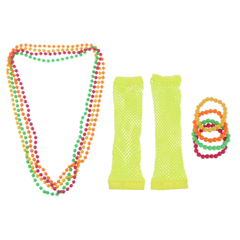 Set of 27 Womens 60s 70s 80s Punk Party Beads Necklace Bracelet Gloves Prop
