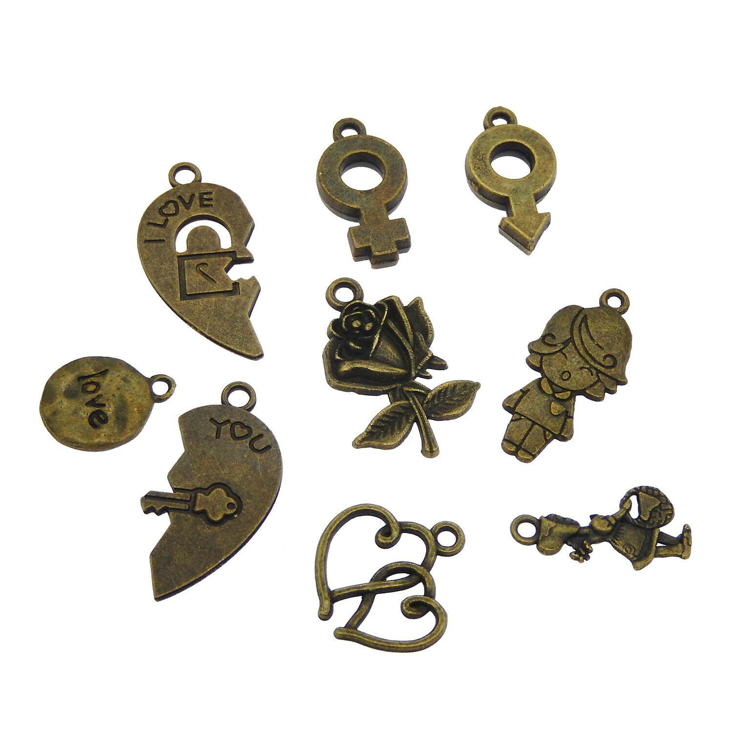 27 Mix Antiqued Bronze Love Symbol Pendant Charm Valentine's Day Jewelry Crafts