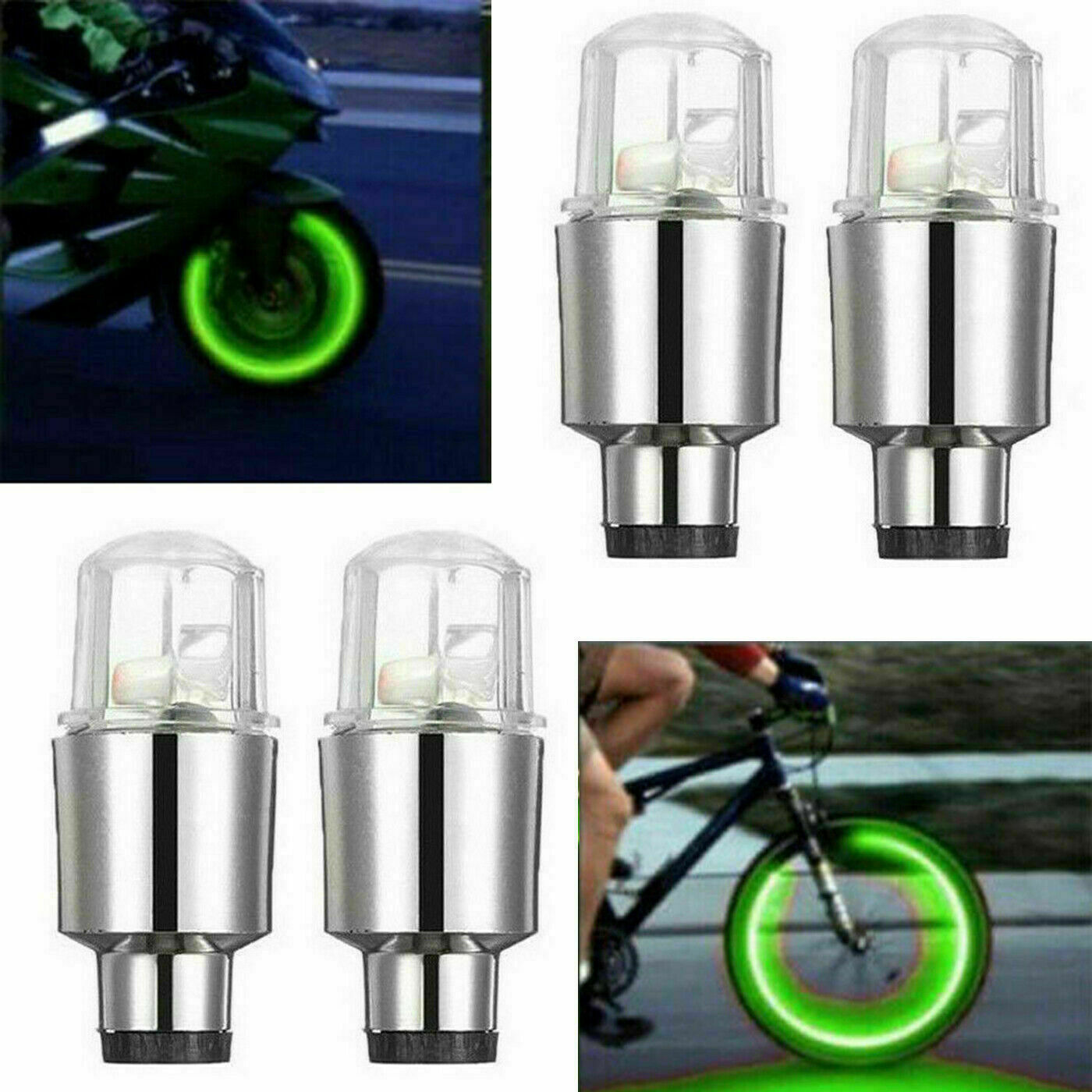 4x Green Valve Stem Car Wheel Tyre Tire Air LED Light Caps Dust Cover Accessory