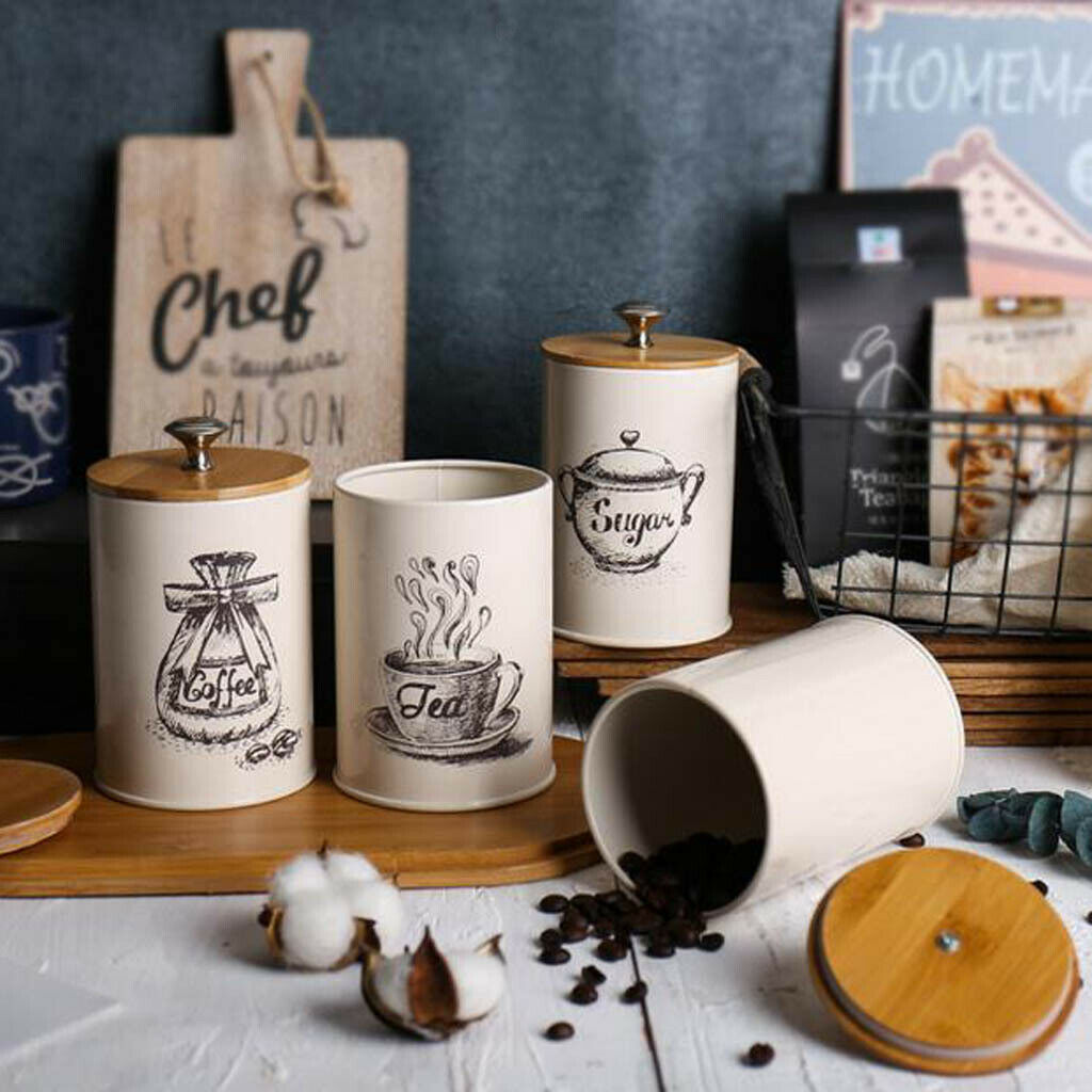 3x Retro Tea Coffee Sugar Canisters Kitchen Storage Jars Pots Iron w/ Lid