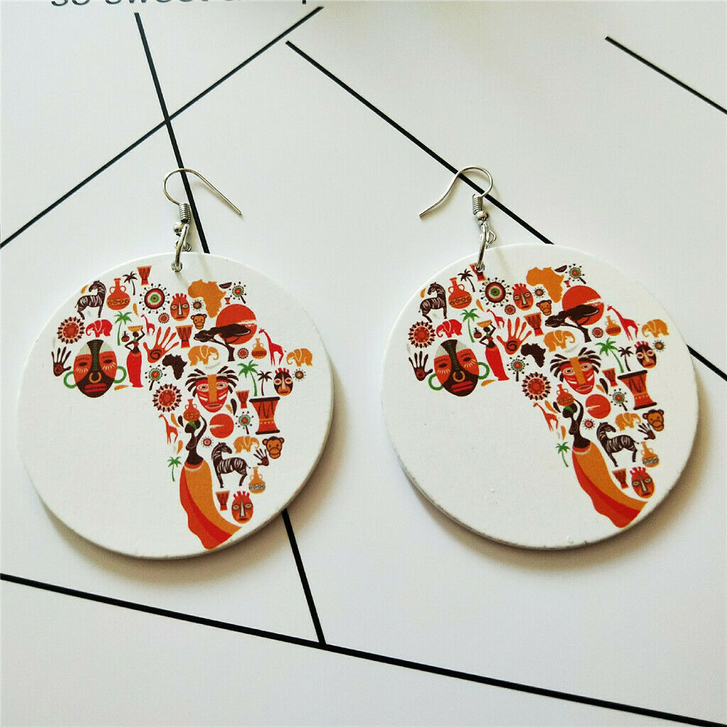 Color geometric round wood printing combination African map earrings wood