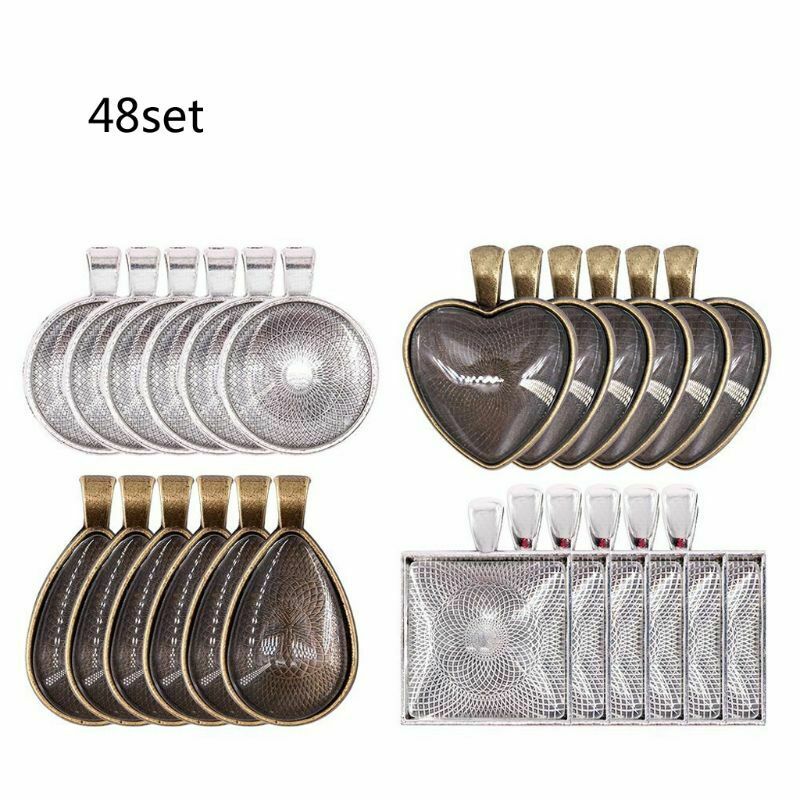 48Pcs DIY Pendant Tray Round Square Heart Teardrop Glass Cabochon Jewelry Making