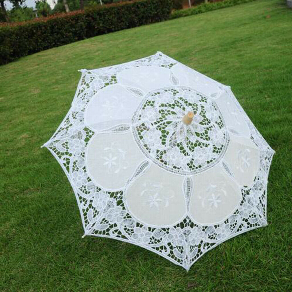 2Pcs White Cotton Embroidery Parasol Shower Umbrella Decor Wedding Props