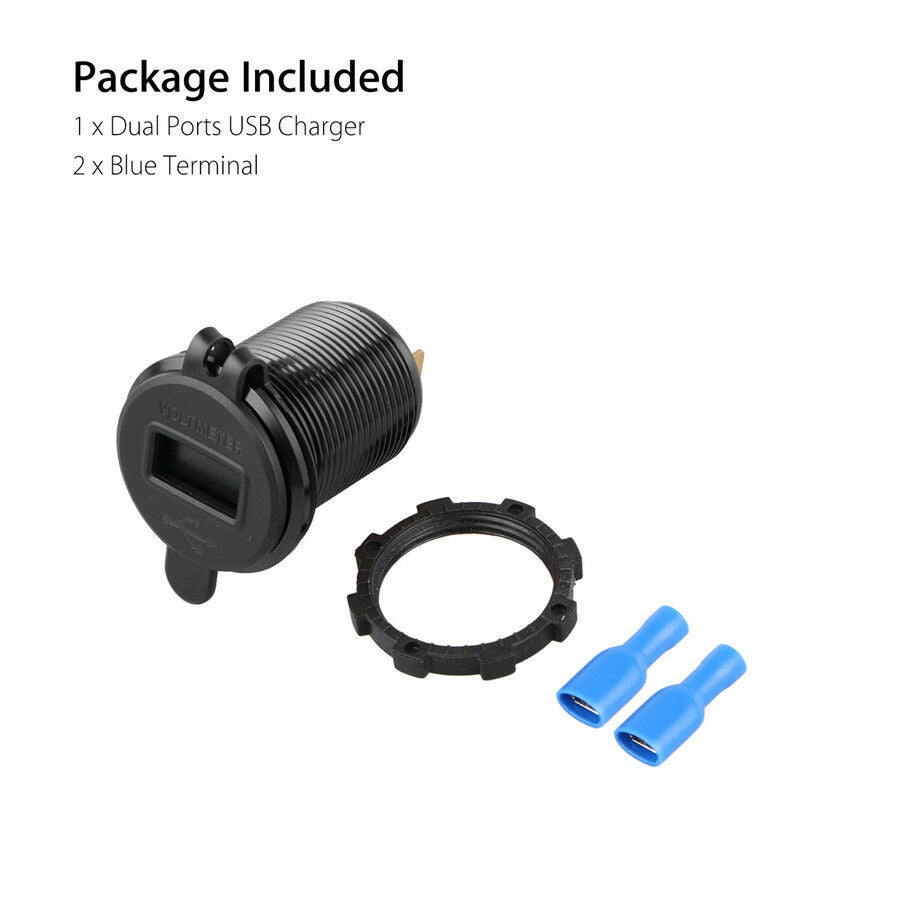 2 In 1 Aluminum Dual USB Car Charger w/ Waterproof Cap +LED Battery Volt Monitor