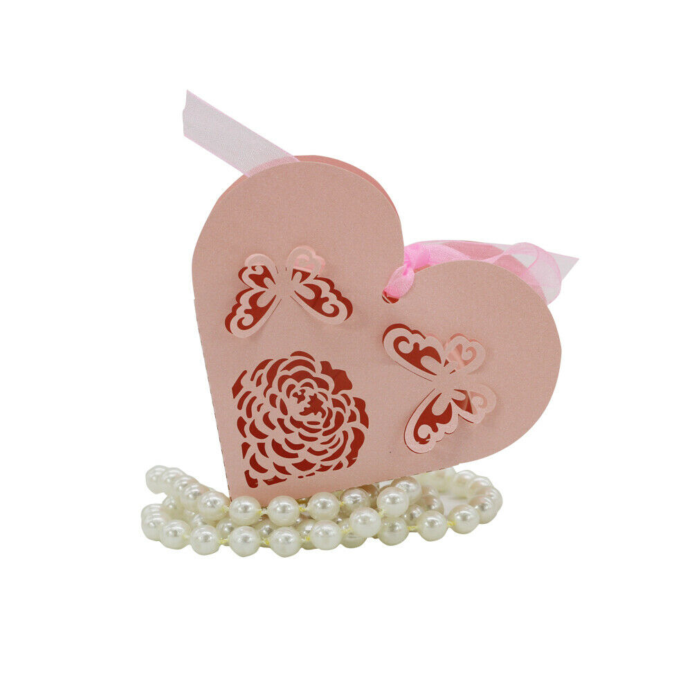 50pcs Paper Love Heart Hollow Candy Boxes Ribbon Wedding Party Favors Pink