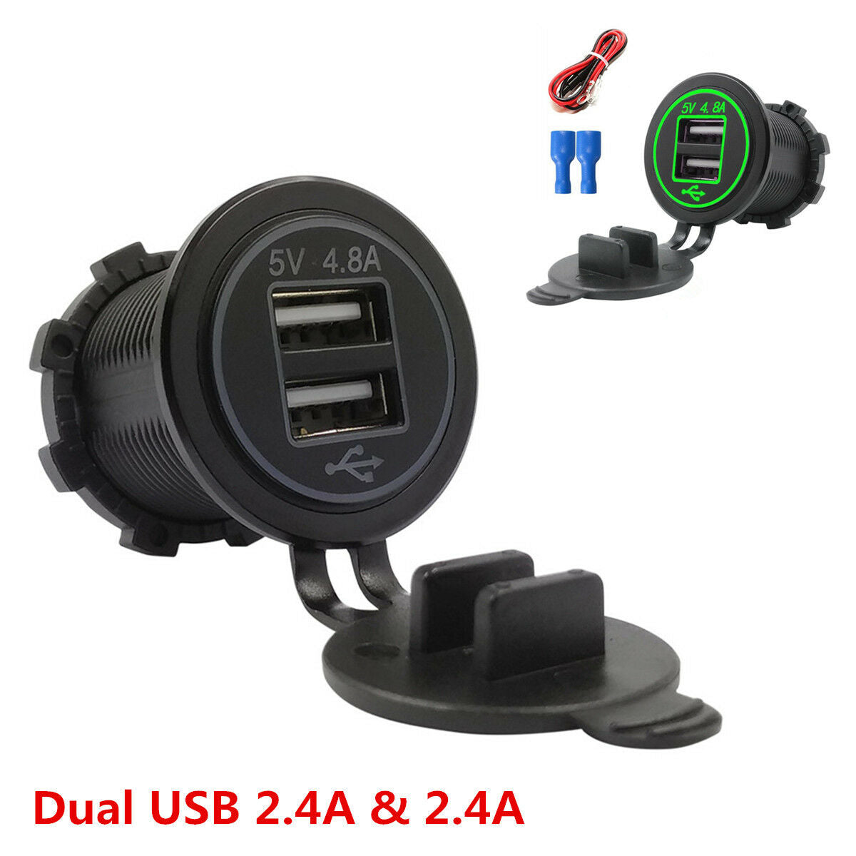 Car Motorcycle Dual USB Charger Socket Power Outlet 2.4A & 2.4A with Wire & Fuse