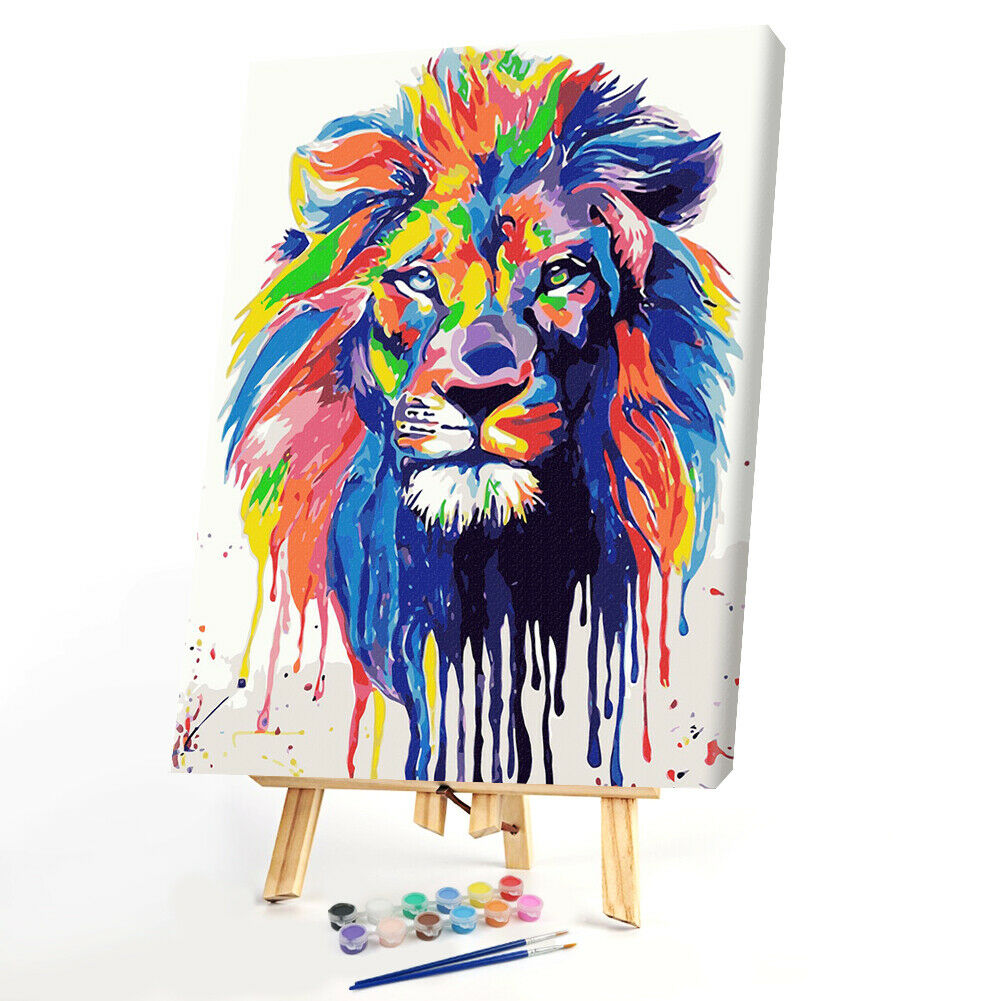 Painting By Numbers Kit Frameless DIY Hand Painted Colorful Lion Oil Canvas @