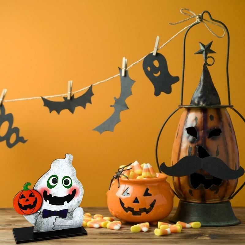 Cute Ghost Holding Pumpkin Wooden Sign Halloween Party Table Topper Decoration