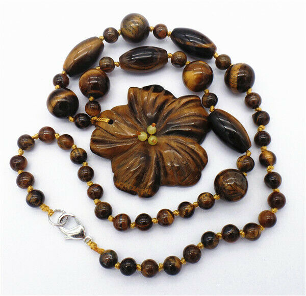 1 Strand 50x8mm Natural Tiger Eye Gem Flower Pendant Beaded Necklace HH7344