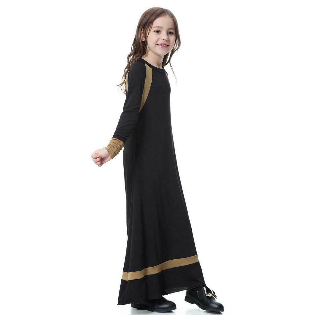 Girls Hit Color Long Sleeve Muslim Maxi Dress Ball Gown Abayas Black S