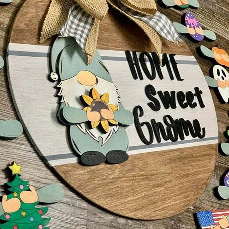Welcome Sign Front Door Hanger Interchangeable Home Sweet Gnome Cute WelcomeA9U3