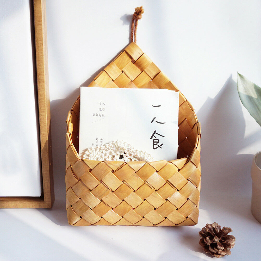 wicker brown wood wall hanging pocket basket flat back door decor country BDAU