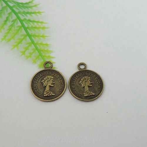 80pcs Antiqued Bronze Alloy Portrait Engraved Round Charm Necklace Pendant 39392