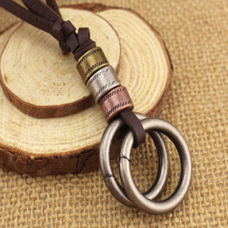 Men Retro Leather LUS Cord Necklace Double Circle Ring Pendant Jewelry CHI