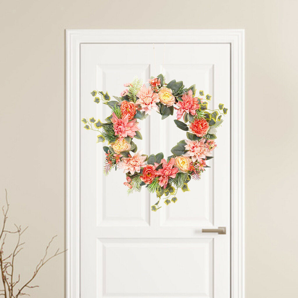 Artificial Flower Wreath Dahlia Floral Eucalyptus Garland Front Door Decor