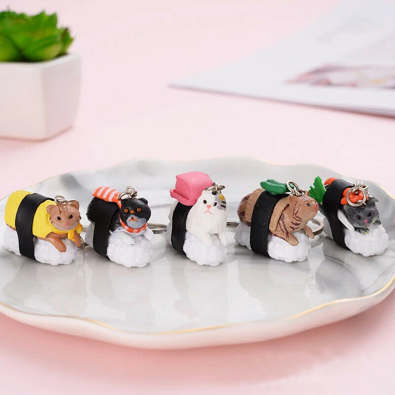 Cute Cartooon  Cat and Sushi Keychain Car Auto Keyring Metal Keychain Key R NC