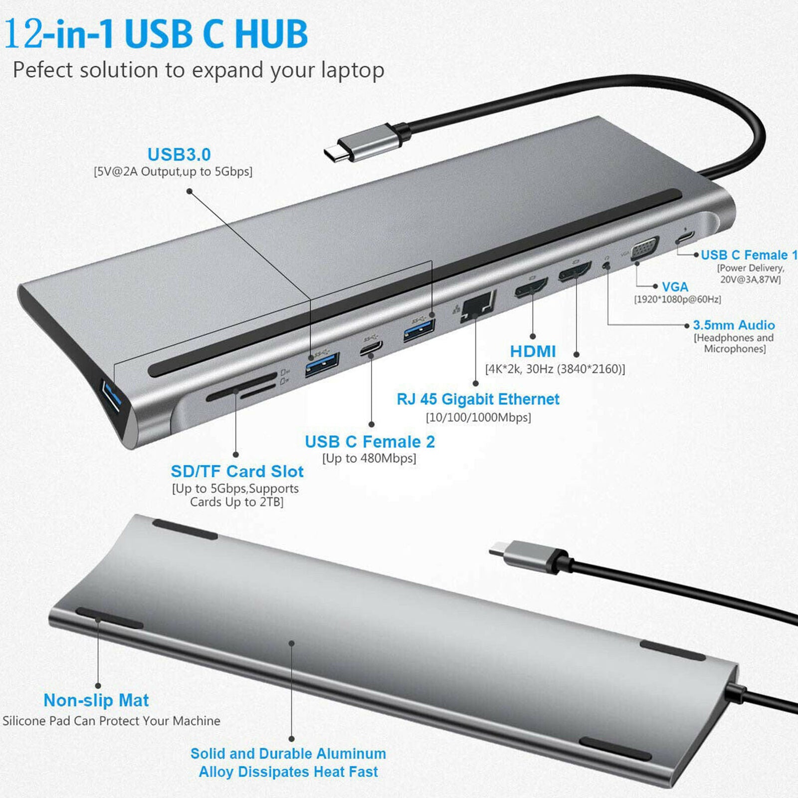 12 in 1 Type-C USB-C Hub Adapter to 2 HDMI USB VGA TF Audio with PD for MacBook