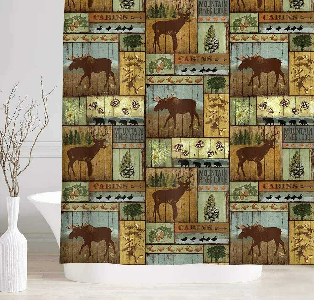 Farmhouse Retro Rustic Lodge Bear Moose Deer Shower Curtain 69X70 Inches