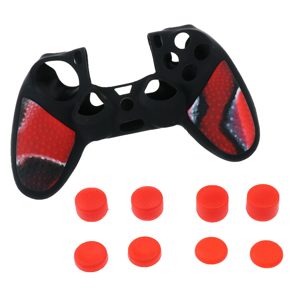 Studded Anti-slip Silicone Case + Thumbstick Caps for PS4 Controller  Red