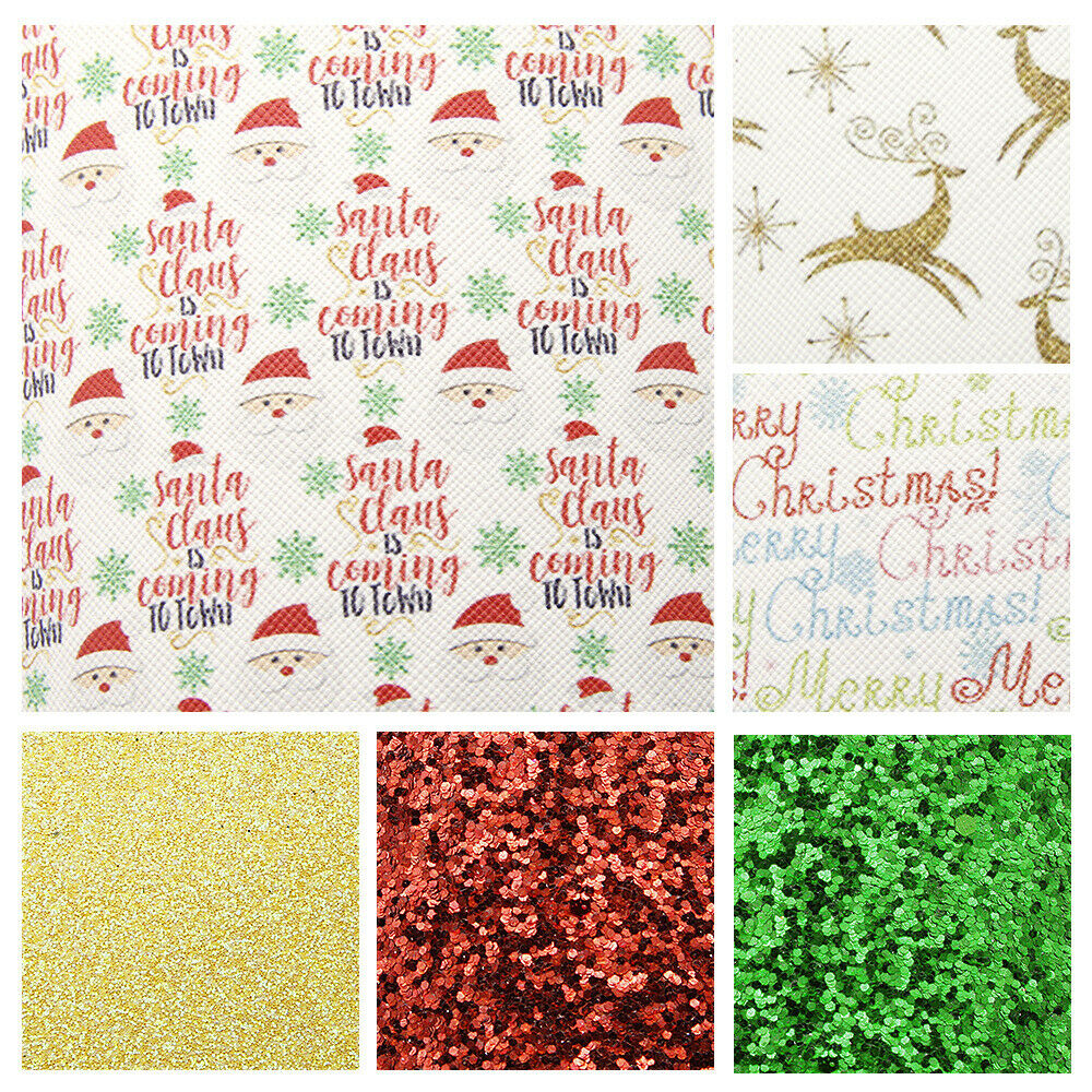 6Pcs Christmas Glitter Fabric Faux Leather Patchwork Sewing Material DIY Crafts