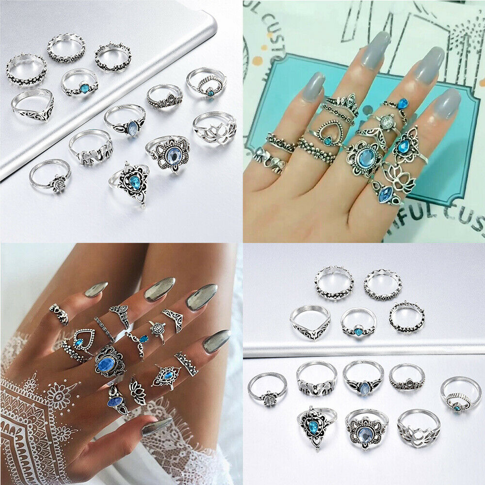Women 13pcs Blue Crystal Turtle Finger Rings Knuckle Midi Ring Sets Boho Jewelry