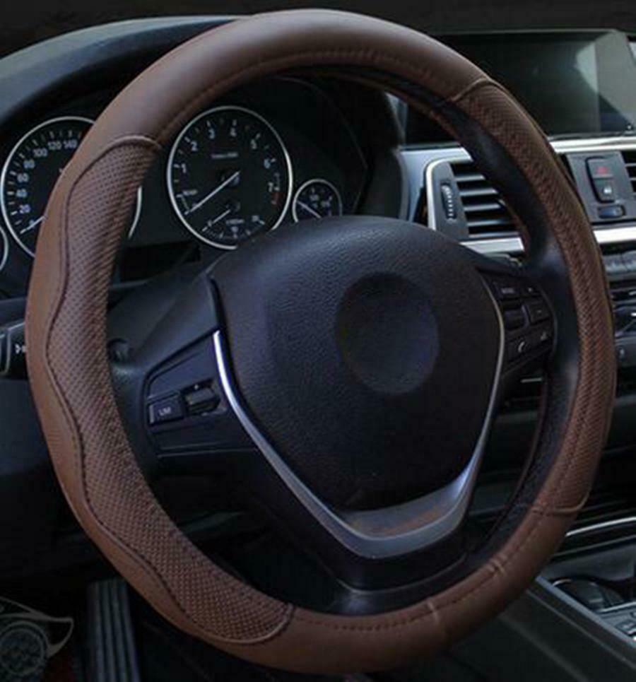 Brown PU Leather Car Steering Wheel Cover 38CM Universal Comfort Grip Anti-slip