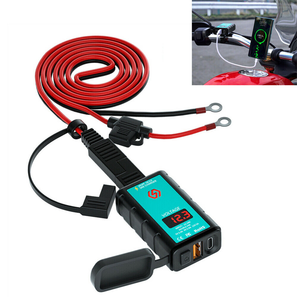 Motorcycle Moped USB + Type-C Fast Charger w/ Voltmeter Power Switch SAE Socket