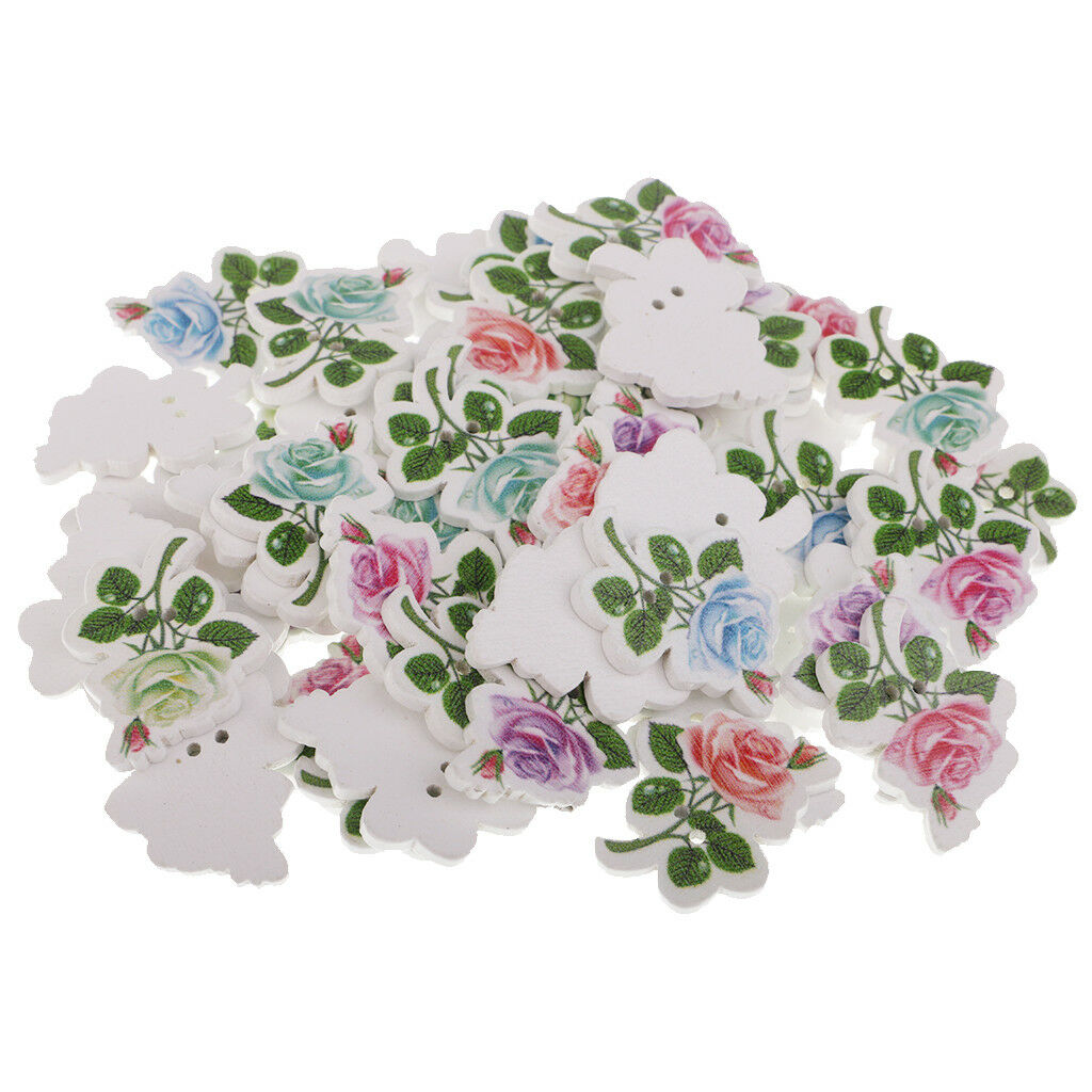 50x Rose Flower Wooden Decorative Buttons for Scrapbook Sewing Embellishment