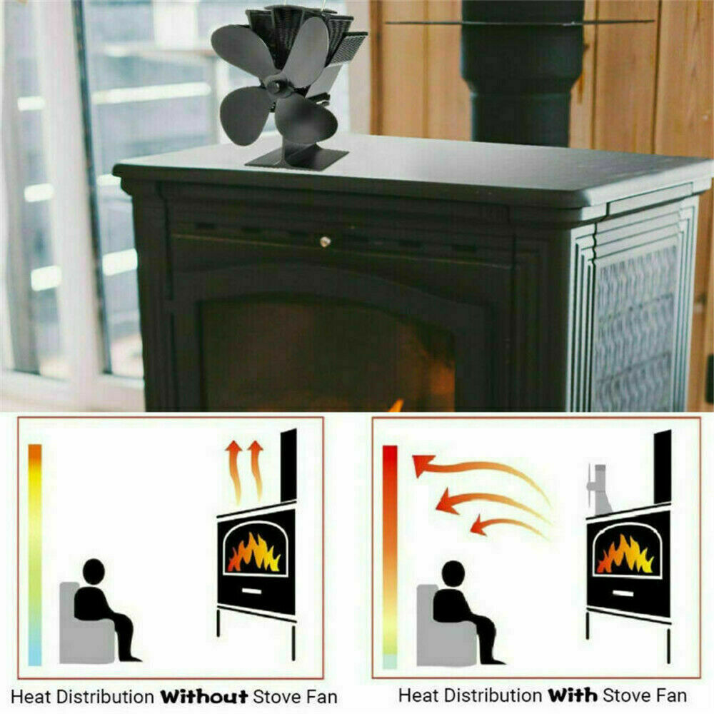 4 Blades Wood Stove Fan Heat Powered Eco Fireplace Fan Log Burner Fuel Saving_US
