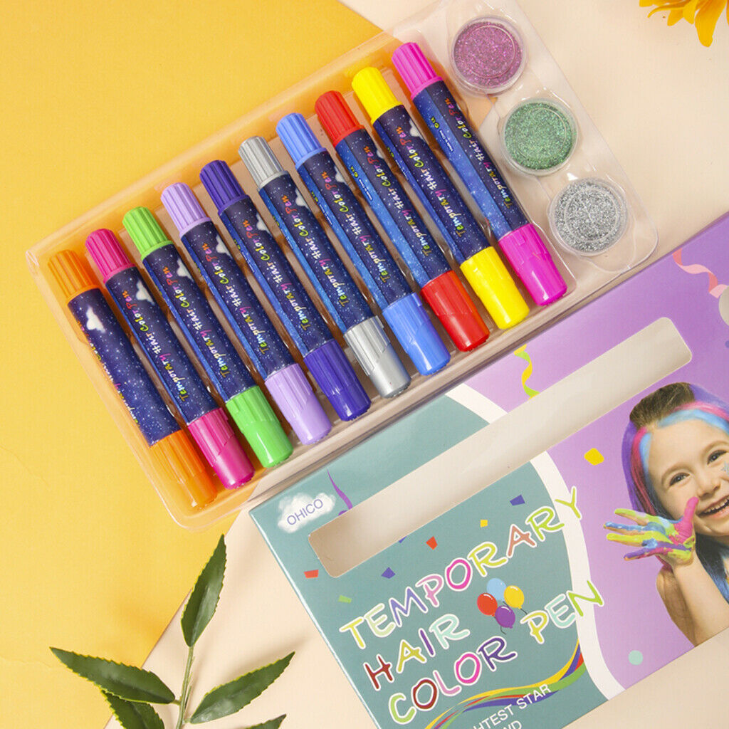 Home Hair Chalk Pens Women Gift Washable Bright Non-Toxic Kit w/ 3 Glitters