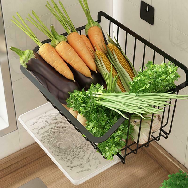 Kitchen Wall Hanging Storage Basket Fruit Vegetable Spice Rack with Drain Shelf