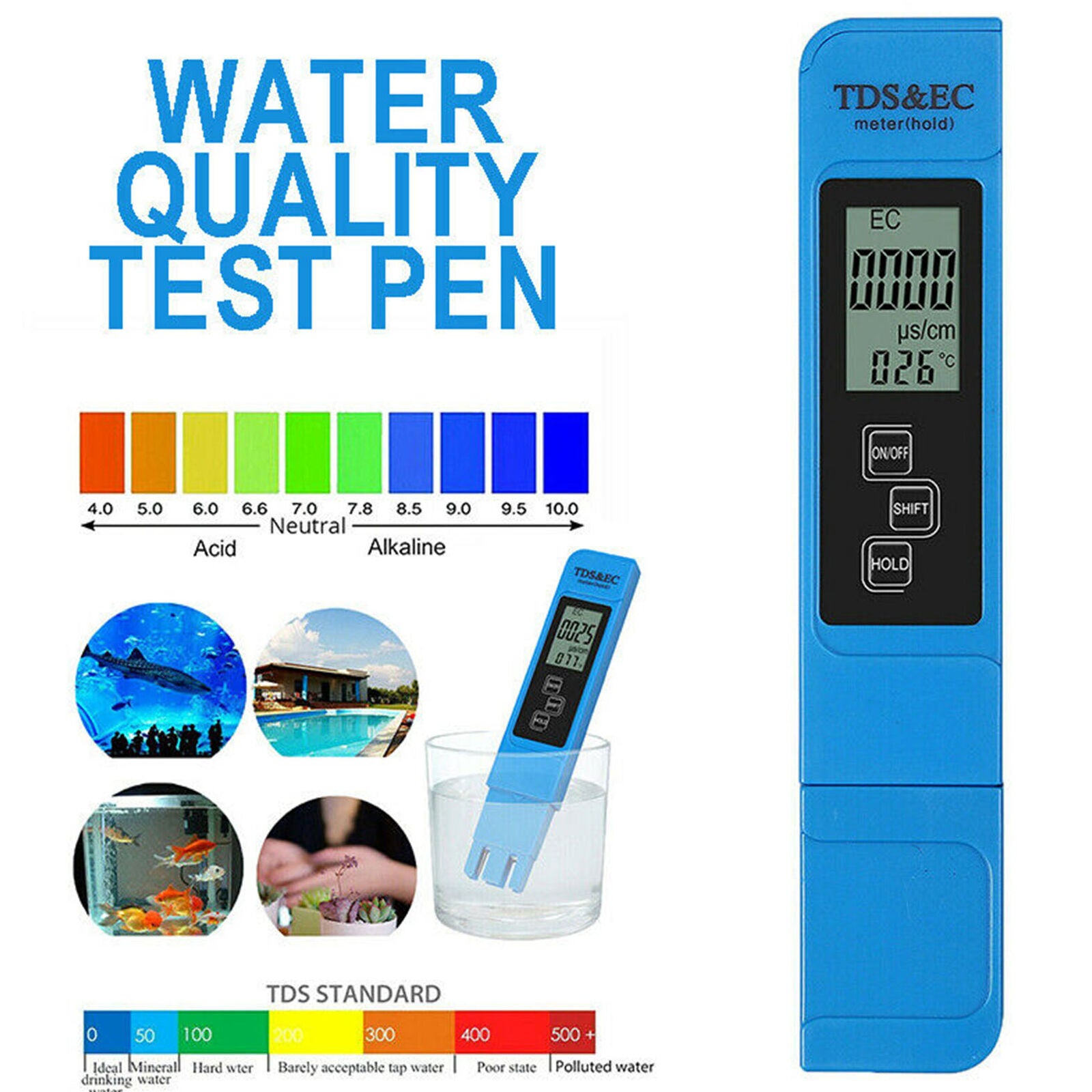 Portable Digital Meter + TDS Meter Tester Pen LCD EC Water Purity PPM Pool
