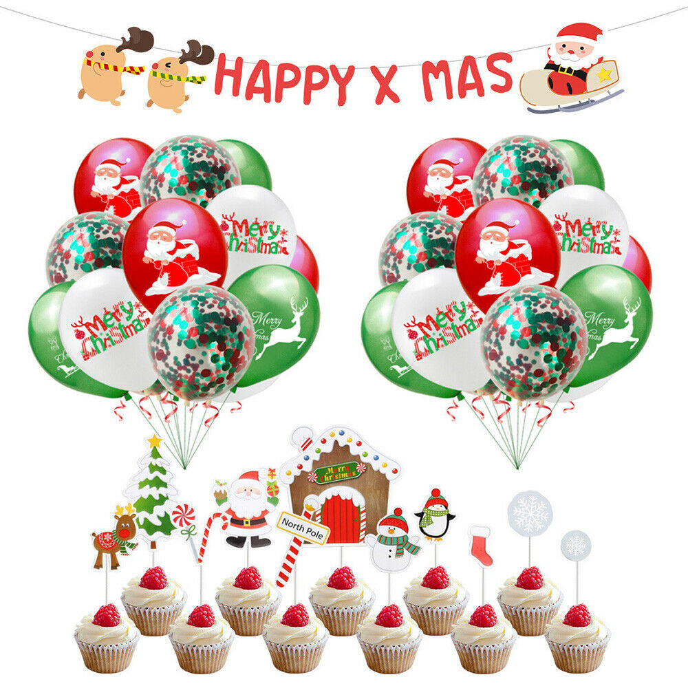 Christmas Confetti Balloons Set Santa Deer Flag Cake Topper Party Baby Shower