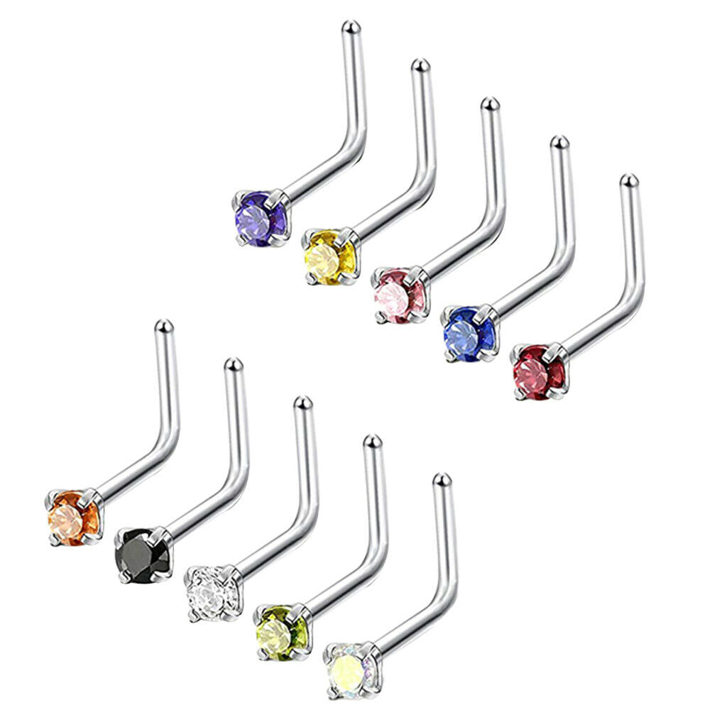 10pcs Rhinestone Stainless Steel Curved Nose Studs Rings 18 Gauge 3mm