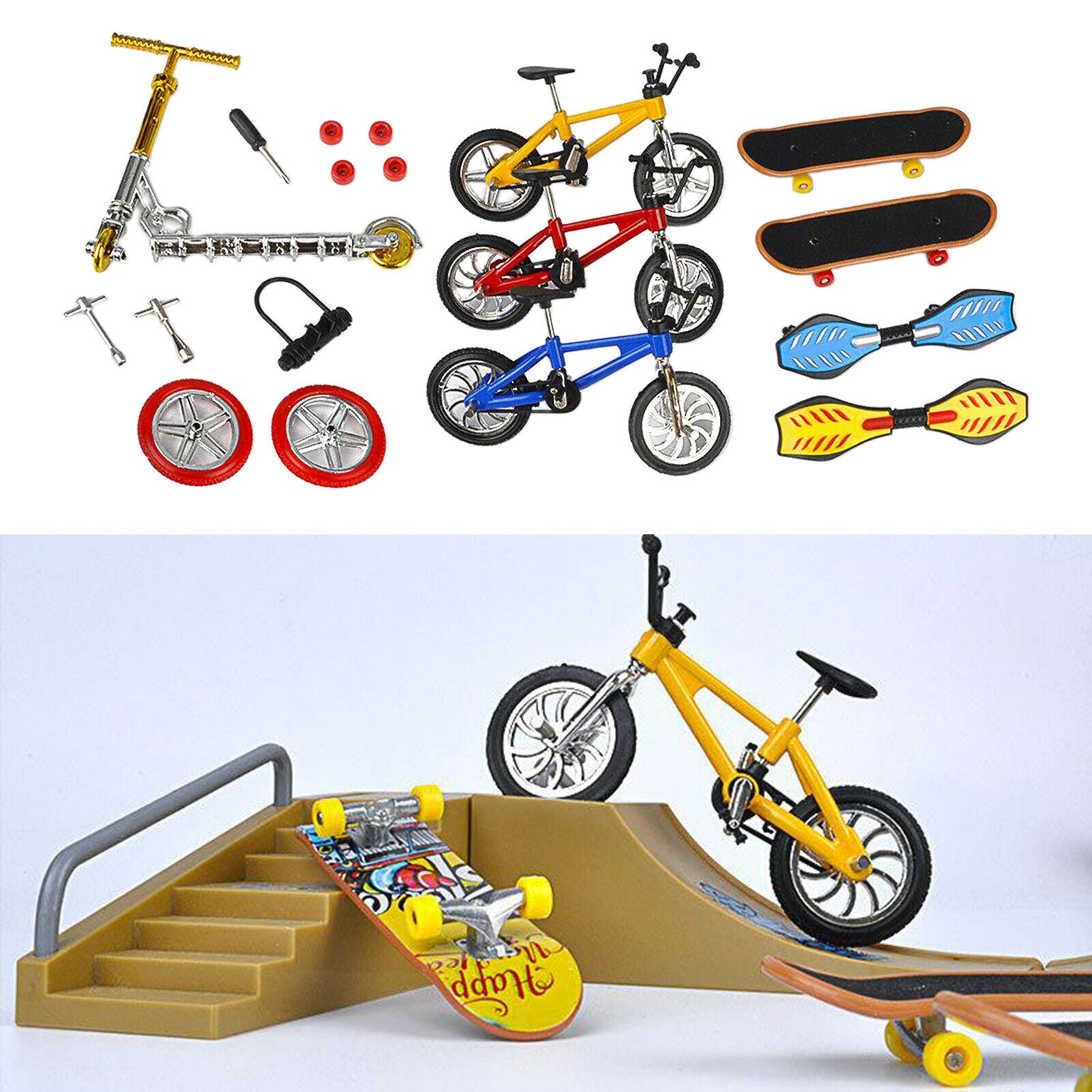 Alloy and Plastic Finger Toys Set 1:18 Skateboard Bike Scooter Swing Board with