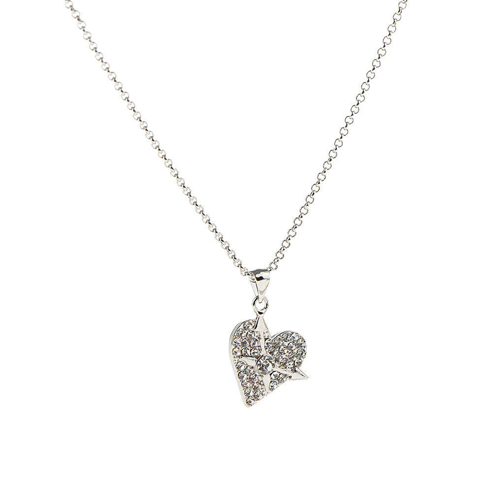 Full Rhinestone Paved Love Heart Double Arrow Pendant Chain Choker Necklace