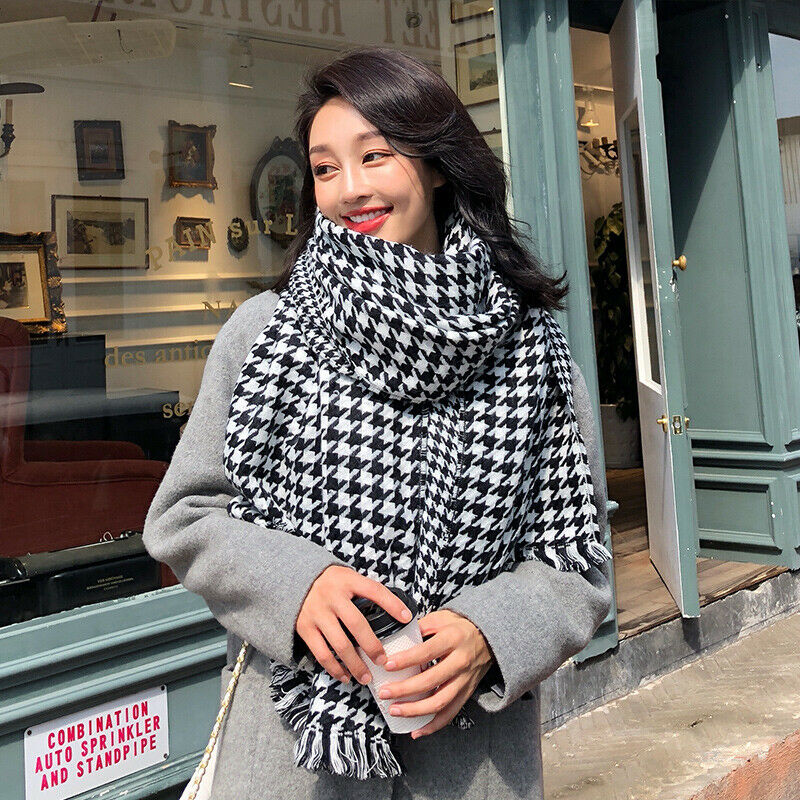 Ladies Houndstooth Scarf Shawl Wrap Faux Wool Black White Check Plaid Tassel