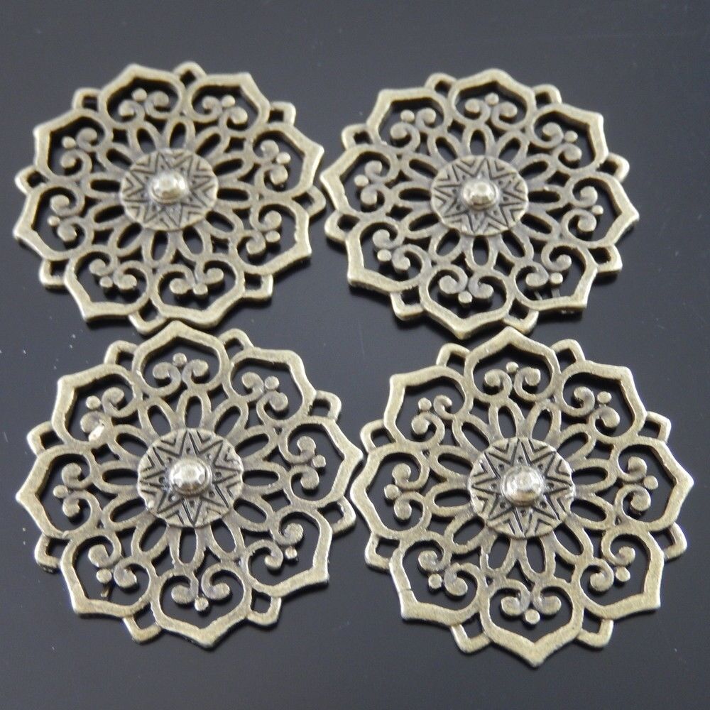 10pcs Retro Style Bronze Alloy Round Hollow Flower Pattern Pendant Charm 30mm