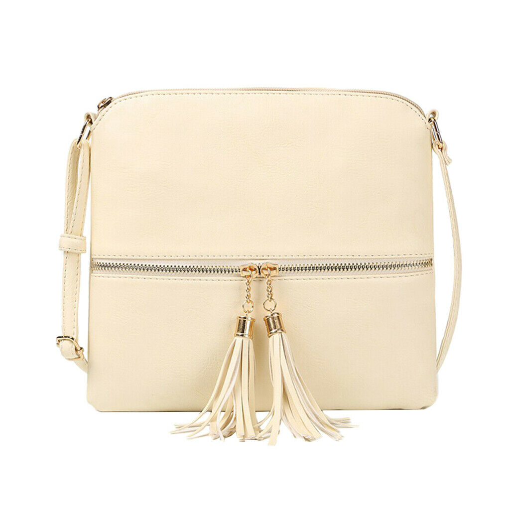 Women's PU Leather Tassel Zipper Bag Shoulder Messenger Bags Creamy