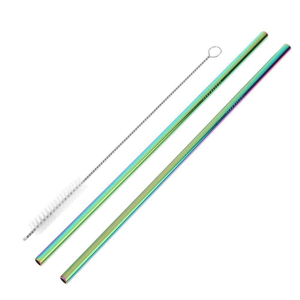 2x Reusable Stainless Steel Metal Drinking Straws +1x Cleaning Brush Home P A#S