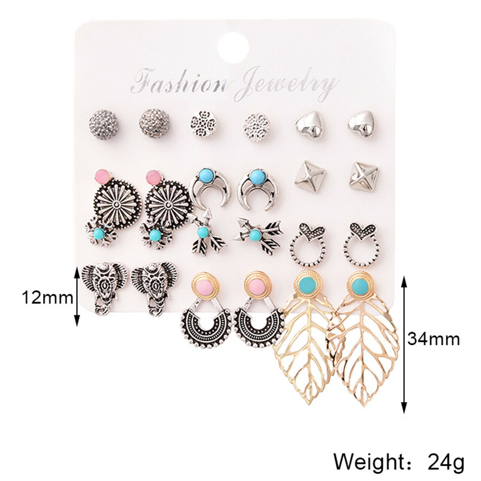 12 Pairs Alloy Earrings Multiple Women Small Ear Stud Jewelry Xmas Gifts