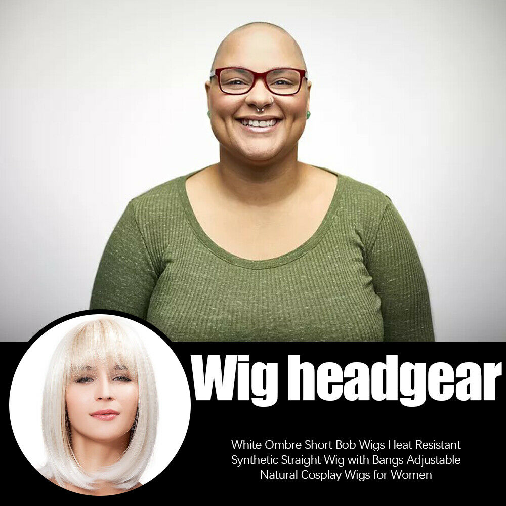 White Ombre Short Bob Wigs Heat Resistant Synthetic Straight Wig with Bangs LIN