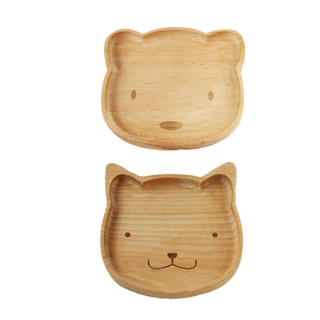 Natural Wooden Kids Plate Baby Feeding Set Includes Bear Cat Shape Animal Wood