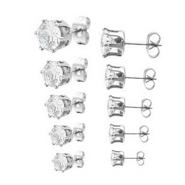 Set 5 Pairs 316L Stainless Steel Round Clear Cubic Zirconia Ear Stud Earring